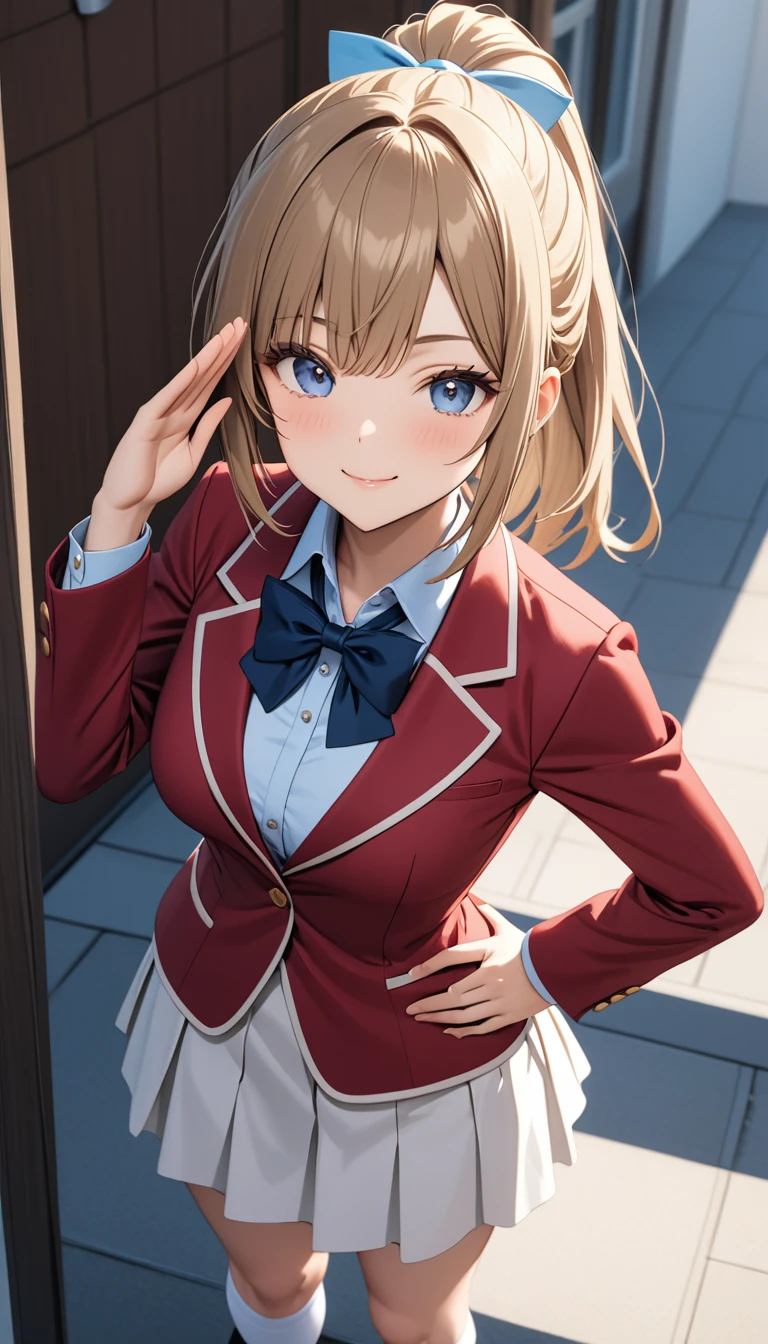 masterpiece, best quality, highres, ponytail hair, (single braid:1.2), hair ribbon, red blazer,buttoned blazer, blue bowtie, white skirt,knee socks ,standing ,put hand on hip,salute,from above,cowboy shot,spread legs ,back ground school entrance ,smile,closed mouth