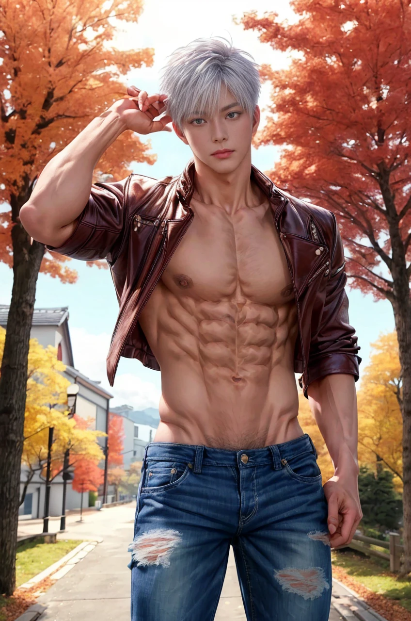 Japanese male model, adult, handsome, perfect face, detailed eyes and face, clean shaved, sixpack realistic, white eyebrow hair, white eyelashes, dynamic lighting, unreal engine 5, hd picture, satoru gojo, white hair, short hair ,hair between eyes ,blue eyes, white skin, Leather jacket, sunglasses, Short jeans