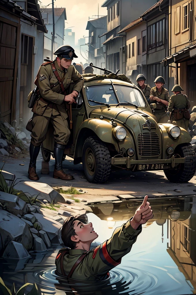 Create a scene set in the Second World War of brave soldiers on the battlefield in different scenarios, a reflective and historical environment.