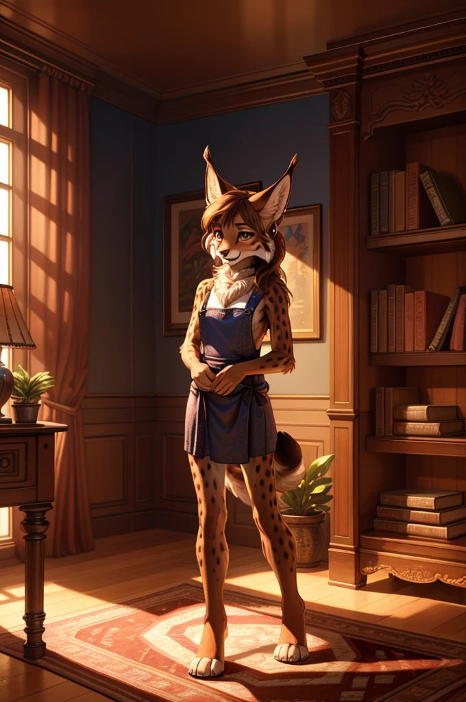 beautiful, (masterpiece), high quality, Highly detailed CG Unity 8k wallpaper, High resolution, perfect lighting, youthful, adolescent, tall, slim, skinny, frail slender figure, slim legs, distinctly feminine figure, narrow hips, long legs, medium plump breasts, In an intimate, cinematic scene, a female lynx stands at the edge of a serene, old-fashioned library. She is captured mid-pose, leaning gently against a large wooden bookshelf filled with classic leather-bound books. Her fur is a soft tawny brown, marked with delicate, darker spots, which give her a subtly textured appearance. Her fur is dense but well-groomed, slightly ruffled around her neck and chest, adding a touch of elegance to her demeanor. Her eyes are a warm, golden amber, exuding a sense of deep thought and wisdom. Her hair is a dark chestnut, cascading in loose waves to just below her shoulders, and it’s adorned with a few small, delicate silver clips that catch the ambient light. She has a thin, silver hoop earring in one of her pointed ears. Her pose is relaxed yet poised, with her head tilted slightly, as if listening to the whispers of a timeless story. Her tail, long and tufted with a soft, feathery tip, is curled around her legs, accentuating her calm and introspective mood. The lighting is soft and warm, coming from an ornate, vintage lamp positioned on a nearby wooden desk. The light casts a gentle, golden glow, creating a rich, inviting atmosphere. Shadows dance softly across the bookshelves, highlighting the textures of the room and adding depth to the scene. The background is richly detailed, featuring intricately carved wooden paneling, a plush, deep burgundy rug on the floor, and a large, antique globe in one corner. The overall ambiance is one of quiet reflection and timeless elegance, drawing the viewer into a moment of tranquil introspection.