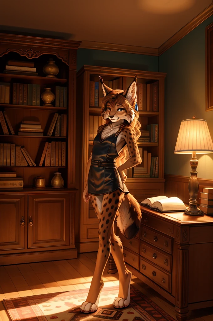 beautiful, (masterpiece), high quality, Highly detailed CG Unity 8k wallpaper, High resolution, perfect lighting, youthful, adolescent, tall, slim, skinny, frail slender figure, slim legs, distinctly feminine figure, narrow hips, long legs, medium plump breasts, In an intimate, cinematic scene, a female lynx stands at the edge of a serene, old-fashioned library. She is captured mid-pose, leaning gently against a large wooden bookshelf filled with classic leather-bound books. Her fur is a soft tawny brown, marked with delicate, darker spots, which give her a subtly textured appearance. Her fur is dense but well-groomed, slightly ruffled around her neck and chest, adding a touch of elegance to her demeanor. Her eyes are a warm, golden amber, exuding a sense of deep thought and wisdom. Her hair is a dark chestnut, cascading in loose waves to just below her shoulders, and it’s adorned with a few small, delicate silver clips that catch the ambient light. She has a thin, silver hoop earring in one of her pointed ears. Her pose is relaxed yet poised, with her head tilted slightly, as if listening to the whispers of a timeless story. Her tail, long and tufted with a soft, feathery tip, is curled around her legs, accentuating her calm and introspective mood. The lighting is soft and warm, coming from an ornate, vintage lamp positioned on a nearby wooden desk. The light casts a gentle, golden glow, creating a rich, inviting atmosphere. Shadows dance softly across the bookshelves, highlighting the textures of the room and adding depth to the scene. The background is richly detailed, featuring intricately carved wooden paneling, a plush, deep burgundy rug on the floor, and a large, antique globe in one corner. The overall ambiance is one of quiet reflection and timeless elegance, drawing the viewer into a moment of tranquil introspection.