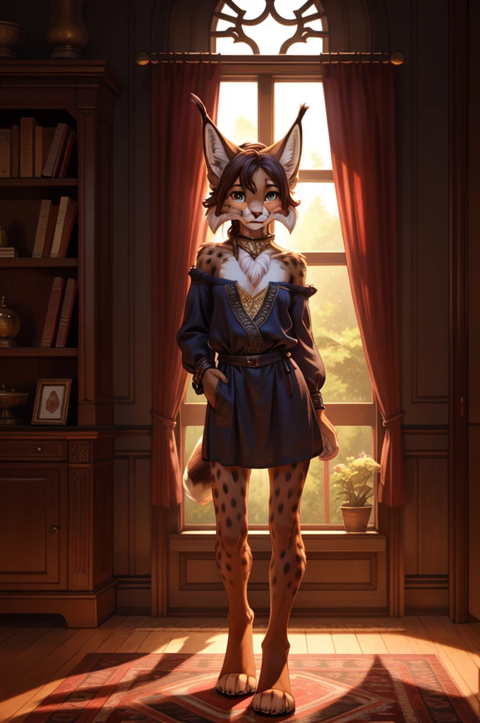 beautiful, (masterpiece), high quality, Highly detailed CG Unity 8k wallpaper, High resolution, perfect lighting, youthful, adolescent, tall, slim, skinny, frail slender figure, slim legs, distinctly feminine figure, narrow hips, long legs, medium plump breasts, In an intimate, cinematic scene, a female lynx stands at the edge of a serene, old-fashioned library. She is captured mid-pose, leaning gently against a large wooden bookshelf filled with classic leather-bound books. Her fur is a soft tawny brown, marked with delicate, darker spots, which give her a subtly textured appearance. Her fur is dense but well-groomed, slightly ruffled around her neck and chest, adding a touch of elegance to her demeanor. Her eyes are a warm, golden amber, exuding a sense of deep thought and wisdom. Her hair is a dark chestnut, cascading in loose waves to just below her shoulders, and it’s adorned with a few small, delicate silver clips that catch the ambient light. She has a thin, silver hoop earring in one of her pointed ears. Her pose is relaxed yet poised, with her head tilted slightly, as if listening to the whispers of a timeless story. Her tail, long and tufted with a soft, feathery tip, is curled around her legs, accentuating her calm and introspective mood. The lighting is soft and warm, coming from an ornate, vintage lamp positioned on a nearby wooden desk. The light casts a gentle, golden glow, creating a rich, inviting atmosphere. Shadows dance softly across the bookshelves, highlighting the textures of the room and adding depth to the scene. The background is richly detailed, featuring intricately carved wooden paneling, a plush, deep burgundy rug on the floor, and a large, antique globe in one corner. The overall ambiance is one of quiet reflection and timeless elegance, drawing the viewer into a moment of tranquil introspection.