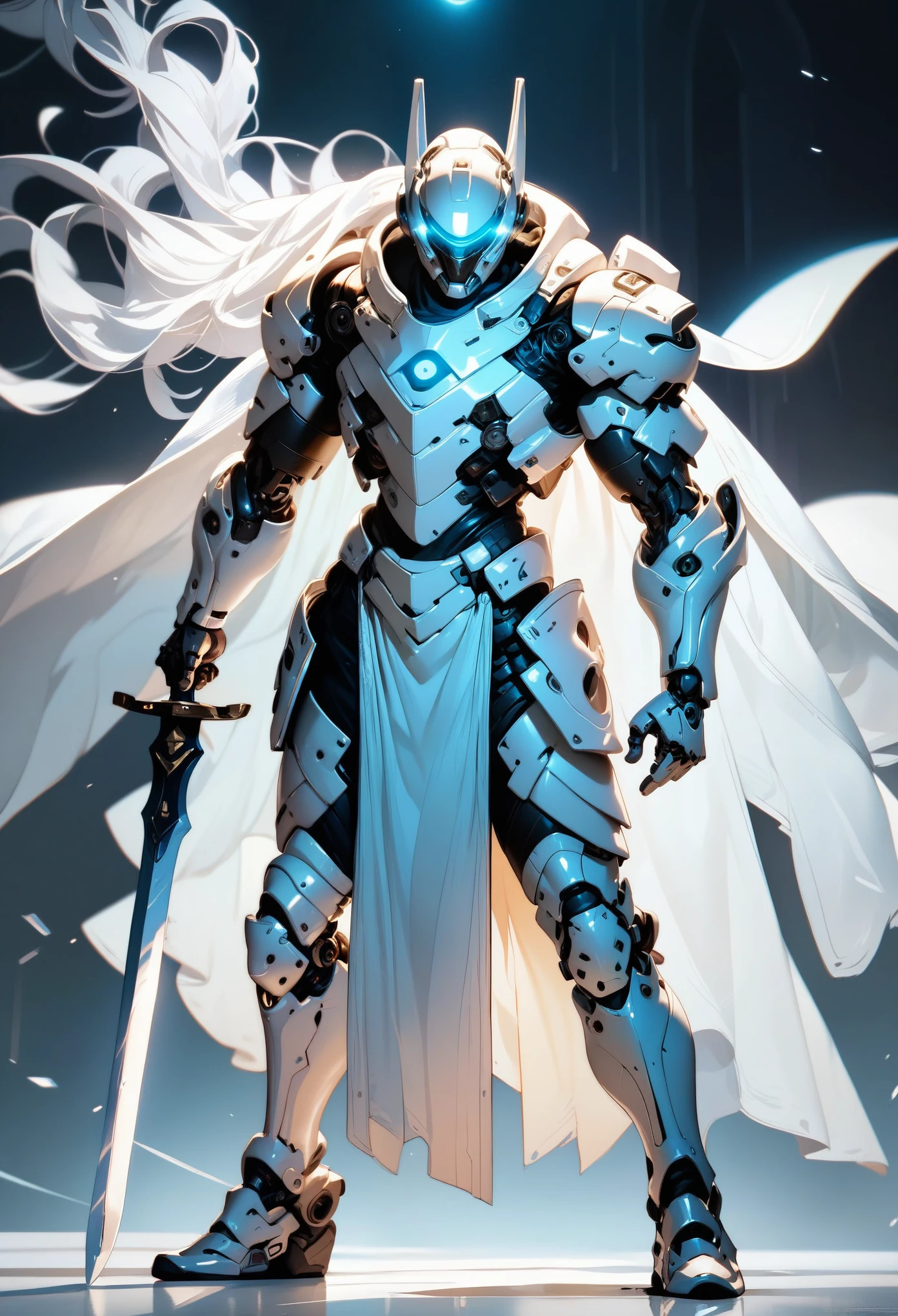 1 boy, alone, three-quarter profile, detailed background well integrated into the image, white armor, white glowing eyes, full body, light armor, white hair, cyberpunk, sword pointing to the ground, white cape, holding a sword stuck in the ground, sword with white and black engravings, background of a castle entrance, full white armor, white futuristic helmet, standing pose leaning on the sword, tight armor, dark aura, white mechanical arm, three-quarter view