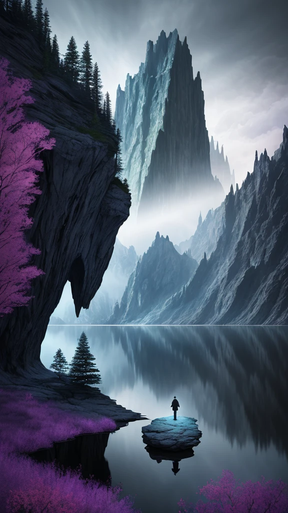 A photograph that captures the essence of a magical dream world. An epic and legendary cliff overhanging a beautiful lake, with surreal and vibrant colors illuminating your reflection. The atmosphere is otherworldly, with soft night light casting ethereal shadows. The image creates a sense of depth and mystery, as if the viewer is being transported to another dimension, creating a beautiful and haunting composition. Shot with a 120mm wide Canon EosIII Zeiss