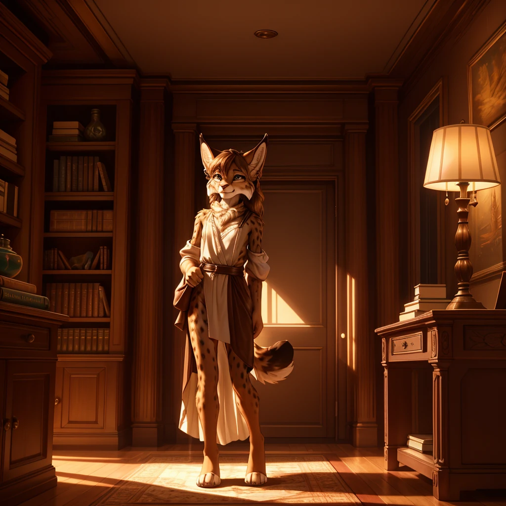beautiful, (masterpiece), high quality, Highly detailed CG Unity 8k wallpaper, High resolution, perfect lighting, youthful, adolescent, tall, slim, skinny, frail slender figure, slim legs, distinctly feminine figure, narrow hips, long legs, medium plump breasts, In an intimate, cinematic scene, a female lynx stands at the edge of a serene, old-fashioned library. She is captured mid-pose, leaning gently against a large wooden bookshelf filled with classic leather-bound books. Her fur is a soft tawny brown, marked with delicate, darker spots, which give her a subtly textured appearance. Her fur is dense but well-groomed, slightly ruffled around her neck and chest, adding a touch of elegance to her demeanor. Her eyes are a warm, golden amber, exuding a sense of deep thought and wisdom. Her hair is a dark chestnut, cascading in loose waves to just below her shoulders, and it’s adorned with a few small, delicate silver clips that catch the ambient light. She has a thin, silver hoop earring in one of her pointed ears. Her pose is relaxed yet poised, with her head tilted slightly, as if listening to the whispers of a timeless story. Her tail, long and tufted with a soft, feathery tip, is curled around her legs, accentuating her calm and introspective mood. The lighting is soft and warm, coming from an ornate, vintage lamp positioned on a nearby wooden desk. The light casts a gentle, golden glow, creating a rich, inviting atmosphere. Shadows dance softly across the bookshelves, highlighting the textures of the room and adding depth to the scene. The background is richly detailed, featuring intricately carved wooden paneling, a plush, deep burgundy rug on the floor, and a large, antique globe in one corner. The overall ambiance is one of quiet reflection and timeless elegance, drawing the viewer into a moment of tranquil introspection.