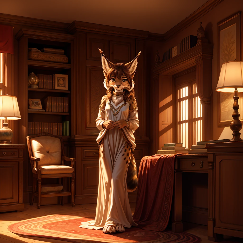 beautiful, (masterpiece), high quality, Highly detailed CG Unity 8k wallpaper, High resolution, perfect lighting, youthful, adolescent, tall, slim, skinny, frail slender figure, slim legs, distinctly feminine figure, narrow hips, long legs, medium plump breasts, In an intimate, cinematic scene, a female lynx stands at the edge of a serene, old-fashioned library. She is captured mid-pose, leaning gently against a large wooden bookshelf filled with classic leather-bound books. Her fur is a soft tawny brown, marked with delicate, darker spots, which give her a subtly textured appearance. Her fur is dense but well-groomed, slightly ruffled around her neck and chest, adding a touch of elegance to her demeanor. Her eyes are a warm, golden amber, exuding a sense of deep thought and wisdom. Her hair is a dark chestnut, cascading in loose waves to just below her shoulders, and it’s adorned with a few small, delicate silver clips that catch the ambient light. She has a thin, silver hoop earring in one of her pointed ears. Her pose is relaxed yet poised, with her head tilted slightly, as if listening to the whispers of a timeless story. Her tail, long and tufted with a soft, feathery tip, is curled around her legs, accentuating her calm and introspective mood. The lighting is soft and warm, coming from an ornate, vintage lamp positioned on a nearby wooden desk. The light casts a gentle, golden glow, creating a rich, inviting atmosphere. Shadows dance softly across the bookshelves, highlighting the textures of the room and adding depth to the scene. The background is richly detailed, featuring intricately carved wooden paneling, a plush, deep burgundy rug on the floor, and a large, antique globe in one corner. The overall ambiance is one of quiet reflection and timeless elegance, drawing the viewer into a moment of tranquil introspection.