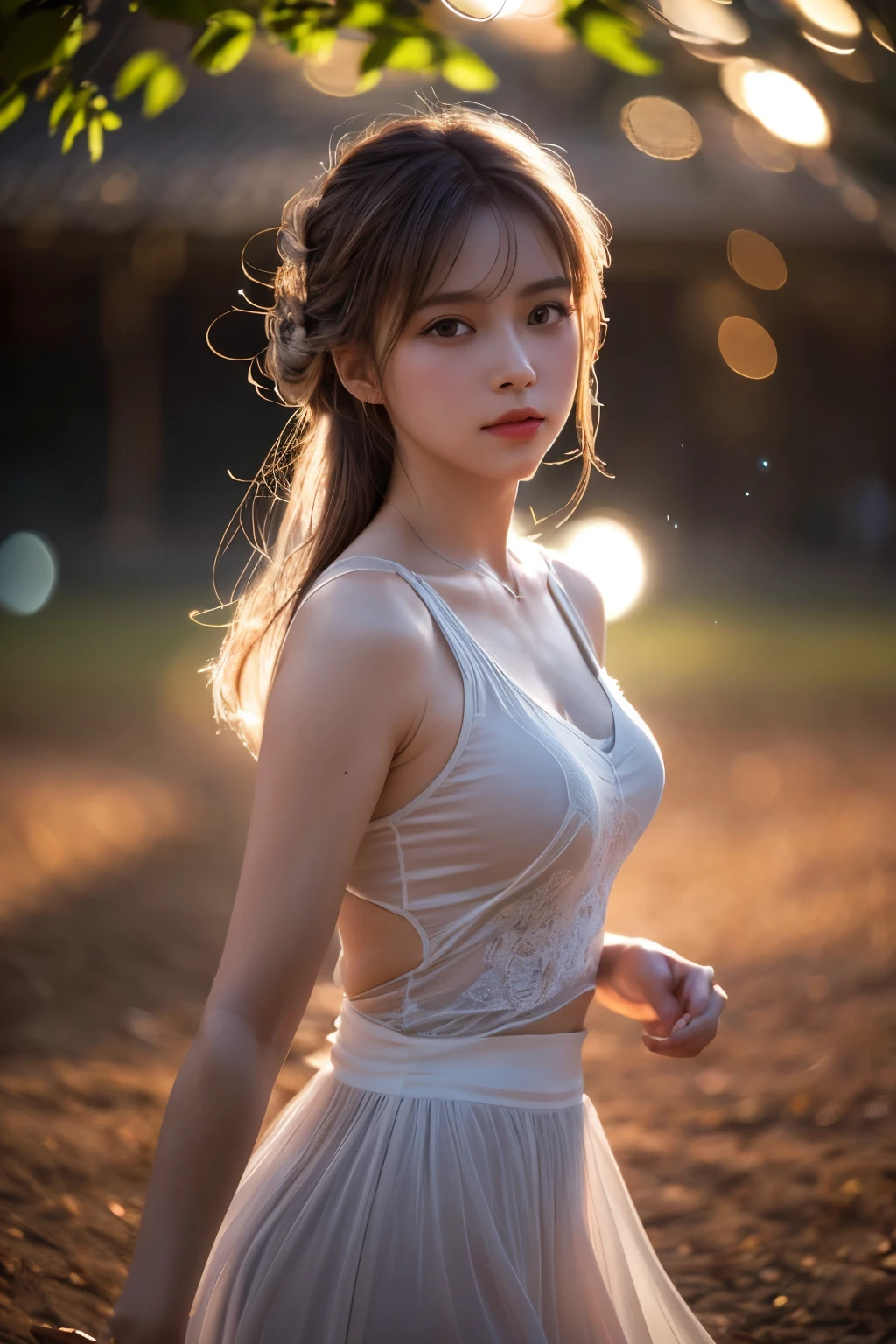 1 Girl, Smile, (((Small Breasts))), (((Bokeh))),Depth of Field,  Cute face, Looking at the audience, masterpiece, Model shooting style, cleveage, Full body portrait, Sexy pose, ((8K, RAW photos, best quality, masterpiece), High-detail RAW color photos Professional photos,  (Practical, Photo Realism:1. 37), (best quality), (Best shadow), (Best Illustration),  Ultra-high resolution, Highly detailed CG unified 8K wallpaper, Physically Based Rendering, light),