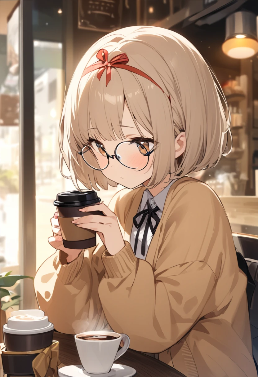 Highest quality、Drinking coffee at a cafe、One Girl、Wearing round glasses、Light brown fluffy hair、Bob Cut Hair、Young、delicate、A soft and warm atmosphere、cardigan、Shyness、Ribbon on head