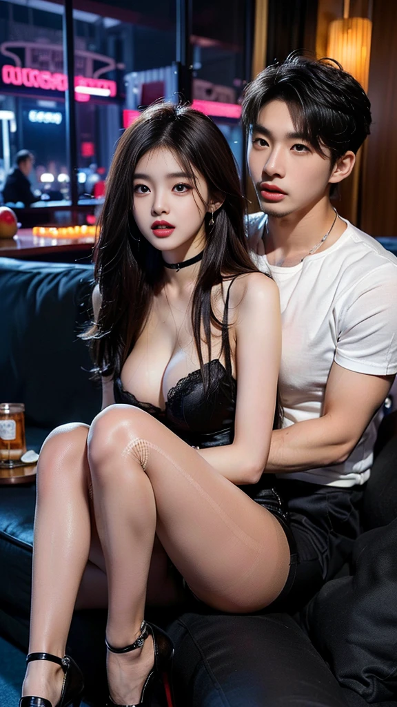 (((SFW : 1.2))), (((pornography))), (realistic), (intricate details:1.2), (masterpiece、:1.3), (top quality:1.4), (Ultra A high resolution:1.2), Ultra A high resolution, 8K resolution, very detailed expression, dark, (high quality), complete anatomy, natural anatomy, full body photo, (1 korean Girl being caress by 2 korean men at night : 1.6), she is 21 years old, (call girl:1.5), (prostitute: 1.5), (she is korean:1.6), (beautiful : 1.4), (Dyed fancy colored hair banging), (big earrings), heavy makeup, Confusing wording, choker necklace, long legs, (a girl weared slim feminine dress :1.4), (she weared thin pantyhose that looks flesh : 1.4), (a girl weared strappy high heels :1.4), (2 men being weared t shirts and training pants : 1.3), (2 men are the house's owner : 1.4), glowing skin,(eye contact each other :1.4), (the men tie up her arms behind back:1.4), (((orgasm : 1.4))), (((moaning : 1.2))),(She being caught and sexually harassed by 2 men : 1.5), (she be forcibly raped by 2 men : 1.5), violated by them, She can not resist holding her arms grabbed by men., his dicks are being inserted into her pussy and anal., a man tighten her panty, a man tears off her pantyhose to explore her pussy, grabed ass, (The men grabbed her thighs.), caress, fondle, (lobby of nightclub : 1.6), (sitting on sofa: 1.4), (wiskey and fruit on the table: 1.4), (detailed background:1.2),(She has fun with several Korean men : 1.4),