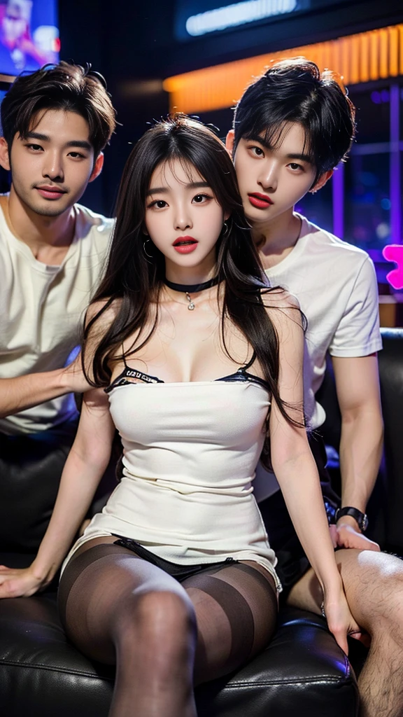 (((SFW : 1.2))), (((pornography))), (realistic), (intricate details:1.2), (masterpiece、:1.3), (top quality:1.4), (Ultra A high resolution:1.2), Ultra A high resolution, 8K resolution, very detailed expression, dark, (high quality), complete anatomy, natural anatomy, full body photo, (1 korean Girl being caress by 2 korean men at night : 1.6), she is 21 years old, (call girl:1.5), (prostitute: 1.5), (she is korean:1.6), (beautiful : 1.4), (Dyed fancy colored hair banging), (big earrings), heavy makeup, Confusing wording, choker necklace, long legs, (a girl weared slim feminine dress :1.4), (she weared thin pantyhose that looks flesh : 1.4), (a girl weared strappy high heels :1.4), (2 men being weared t shirts and training pants : 1.3), (2 men are the house's owner : 1.4), glowing skin,(eye contact each other :1.4), (the men tie up her arms behind back:1.4), (((orgasm : 1.4))), (((moaning : 1.2))),(She being caught and sexually harassed by 2 men : 1.5), (she be forcibly raped by 2 men : 1.5), violated by them, She can not resist holding her arms grabbed by men., his dicks are being inserted into her pussy and anal., a man tighten her panty, a man tears off her pantyhose to explore her pussy, grabed ass, (The men grabbed her thighs.), caress, fondle, (lobby of nightclub : 1.6), (sitting on sofa: 1.4), (wiskey and fruit on the table: 1.4), (detailed background:1.2),(She has fun with several Korean men : 1.4),