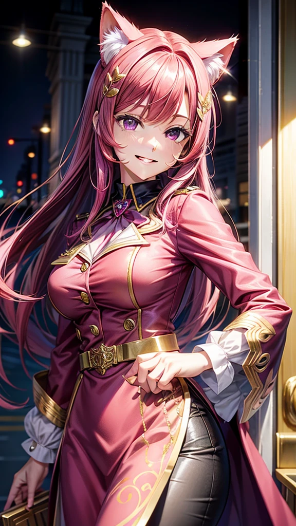 Magenta hair, hazel eyes, older woman, uniform clothes, hair jewel ornament, cat ears, long hair, smiling face, gold clothes