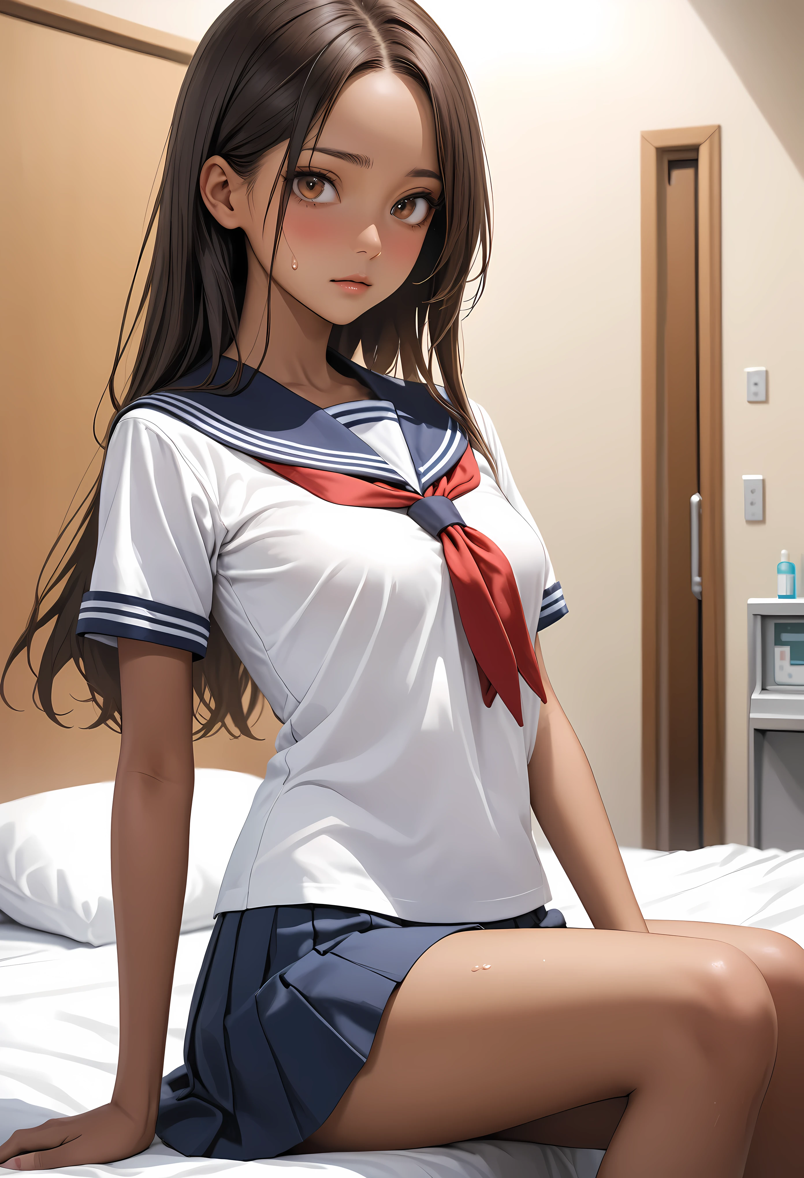 ((masterpiece,Highest quality:1.3,best quality illustration)),realistic,cowboy shot,1woman,(Mature Beauty),((very small head:1.4)),ideal ratio body proportions,brown hair,straight long hair,center parted bangs,gorgeous big eyes,brown eyes,shy、((tan skin,skinny,slender body)),、White short-sleeved sailor uniform、Navy blue sailor collar、Red neckerchief、Navy blue pleated mini skirt,panties、Love juice、small breasts,gleaming skin,sweat,sitting,spread legs,Simple bed、simple hospital room、Tokyo、