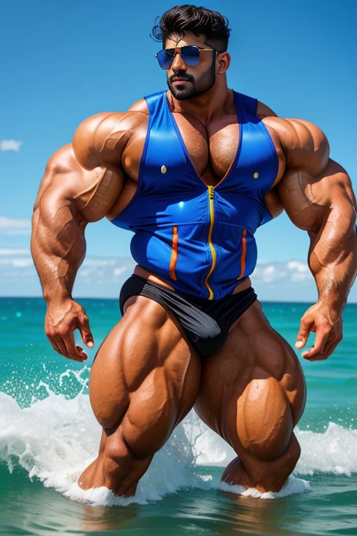 Handsome indian latino masculine strong bodybuilder man with huge wide muscular shoulders, wide chest, abs, masculine wide triceps, arms, biceps, big masculine legs, wide thighs, calfs, black-haired, hair falls on your face, Mesmerizing brown eyes, sun glasses, ride a jet ski with wetty red tight gym vest and black thong, wetty body, water drops dripping from body