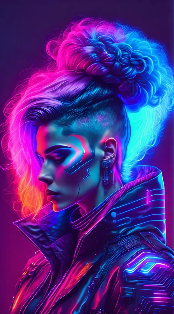 a woman with bright blue hair and a pink jacket, Pink and blue mohawk hairstyle, ultraviolet and neon colors, portrait color glamour, cyberpunk style color, cyberpunk vibrant colors, pink and blue neon, vibrant fan art, neon cyberpunk vibrant colors, neon cyberpunk colors, cores synthwave!!, pop and vibrant colors, dark neon punk, Estilo Synthwave, 8K Vibrant Neon ColorsTechnological Advancements,brain computer interface,hoverboard,exoskeleton armor,dark and sandy streets,Fully immersive virtual reality,Scathing commentary on society,Shimmering cybernetic tattoos,Futuristic cyberspace,glitchy digital effects,AI virtual assistant,Hacker's Lair,multicolored LED lights,Nighttime precipitation,Explosive action scenes,Hidden Underground Rebel Base,Android companions。
