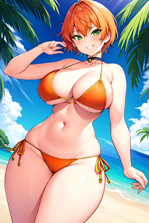 1girl, large breasts, thick thighs, orange hair, very short hair, pixie cut, green eyes, green bikini, bikini, hourglass figure, smile, smirk, smug, beach, highleg, bare legs, choker