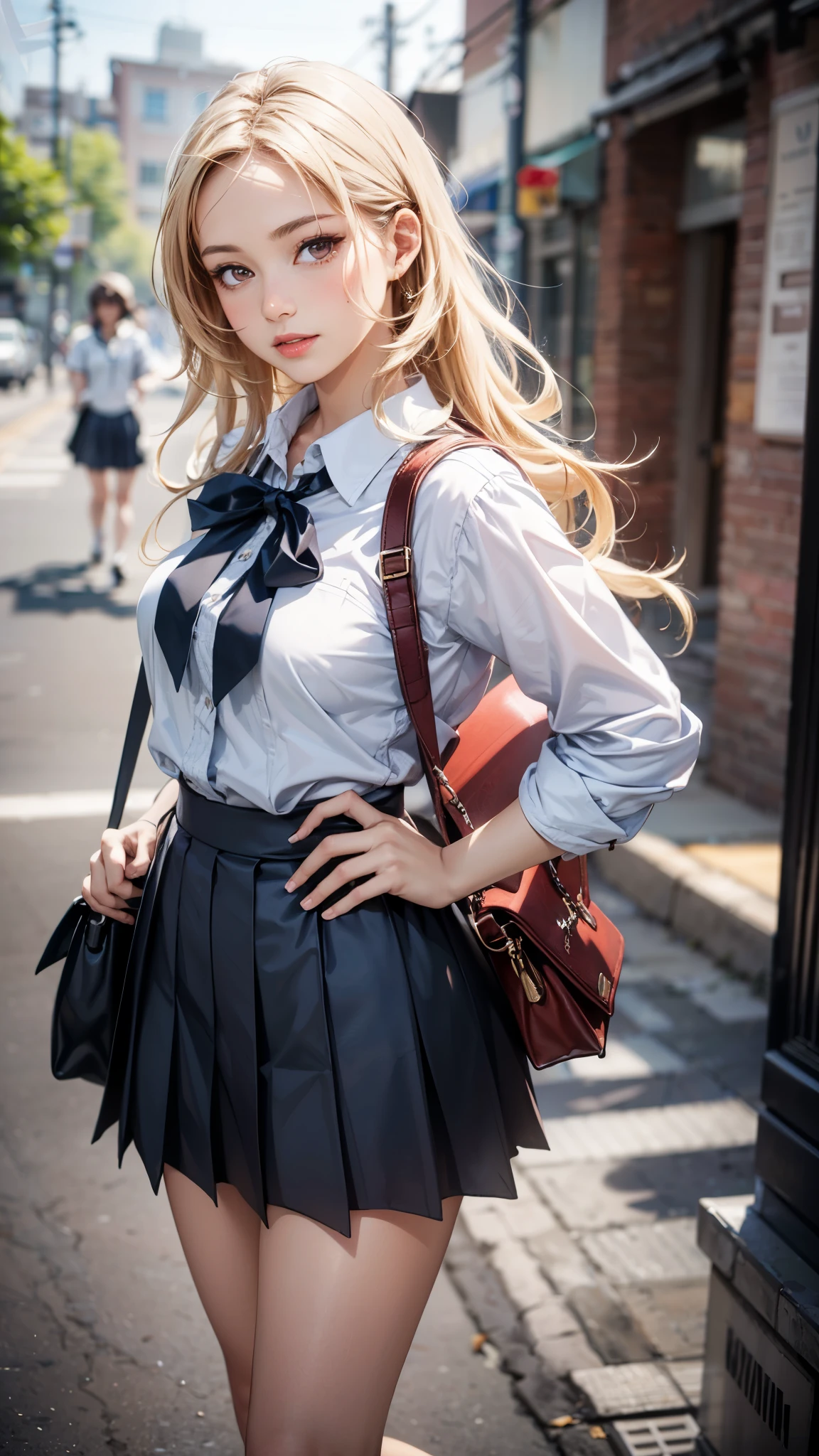 (best quality,4k,8k,highres,masterpiece:1.2),ultra-detailed,(realistic,photorealistic,photo-realistic:1.37),(cowboy shot),(from above),beautiful detailed eyes,beautiful detailed lips,extremely detailed eyes and face,long eyelashes,feminine,blonde long wavy hair,(professional,model-like:1.1) laugh,pose,(left-hand on hip,graceful,elegant:nine),high-school uniform,pleated skirt,dark-blue high socks,shoulder bag,slim waist,