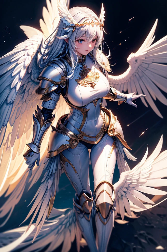 masterpiece, Highly detailed CG unified 8K wallpaper, 8K 超HD, Digital SLR Camera, high quality, Clean, ((Wearing white mechanical armor、Goddess with big wings, Holy Aura, magic, Flying in the sky)), Glowing eyes, light, Ultra-high resolution, Ultra-high detail, HD,