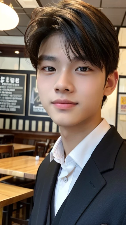 Highest quality, masterpiece, Ultra-high resolution, (Realistic: 1.4), Original photo, wallpaper, Head Photo, skin, Simple Background, Iris, detailed, Selfie, 1 boy, 18-year-old, good looking, Wind,restaurant