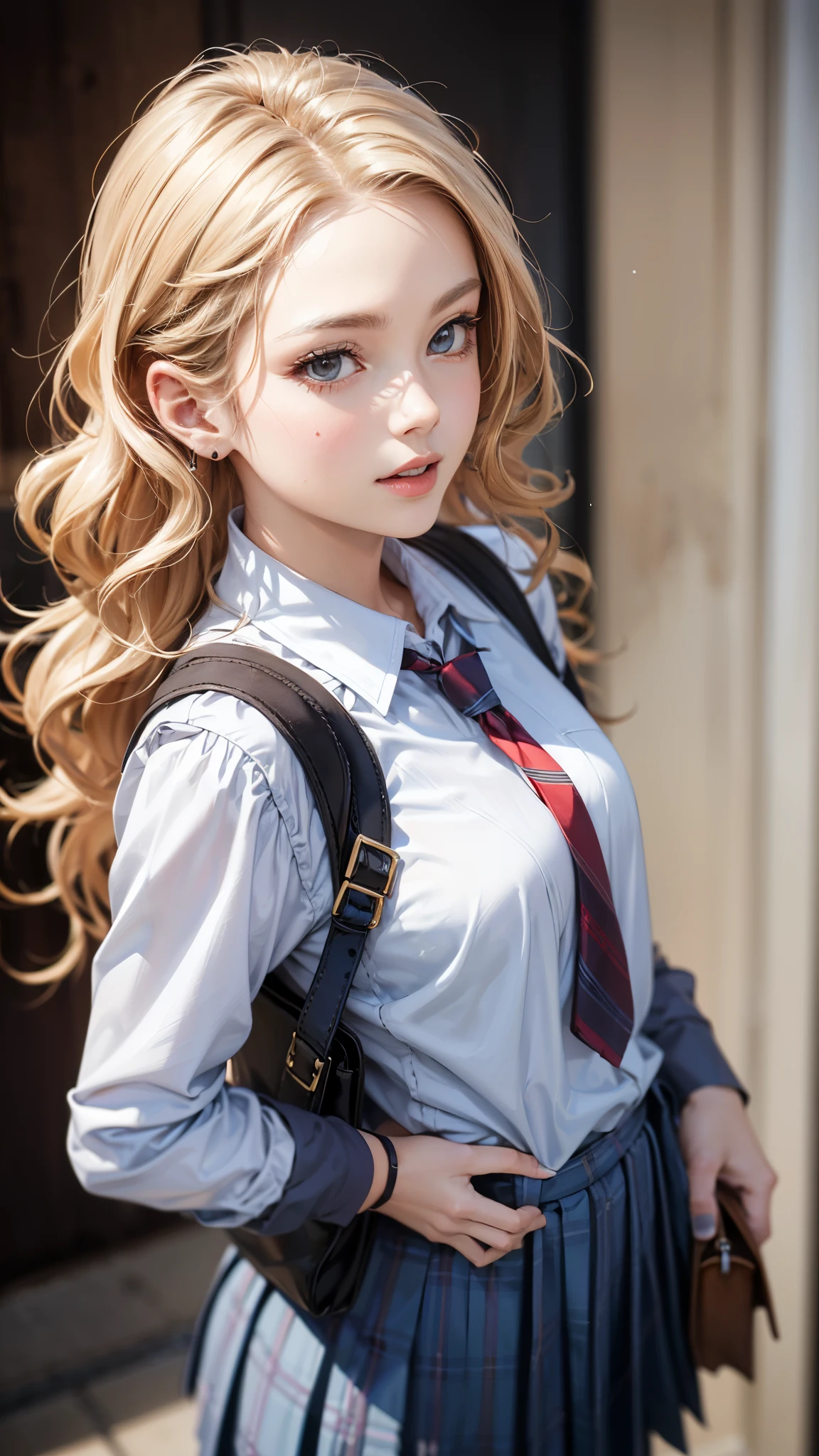 masterpiece, high res, 4k, (perfect anatomy:1.5), perfect long legs, perfect arms, cute face, rose cheeks, school girl, school uniform with bows and ribbons, mini pleated skirt stockings, pigtails, long blonde hair with bows and ribbons, large round black framed glasses, tiny body, sexy body