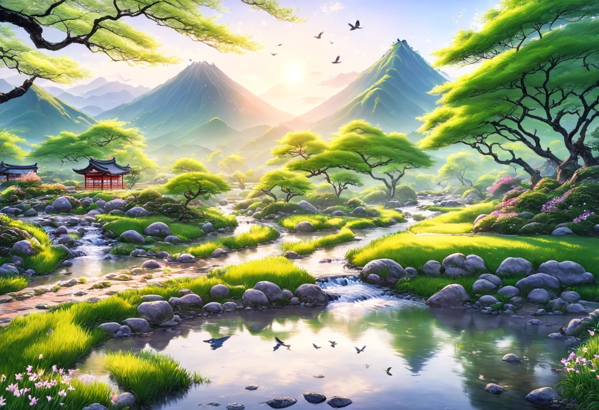ancient china, spring morning with green trees and birds singing, in the foot of a mountain there is a stream, a man and a woman wearing beautiful hanfu kiss each other next to the stream in a far distance