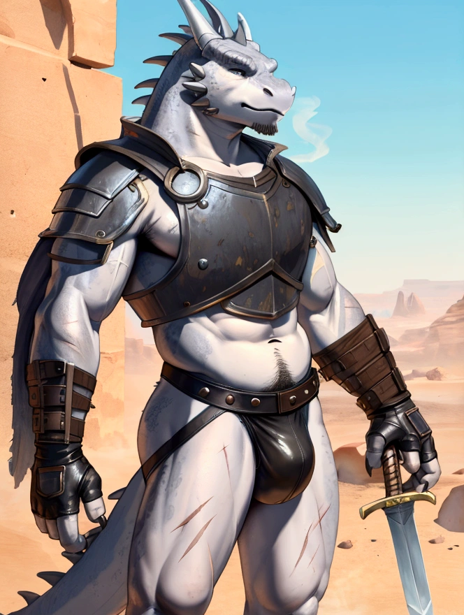Solo Sexy young anthro scalie reptile dragon male mercenary medieval solider, slim mesomorph muscular, anthro handsome gay shorter muzzle, handsome gay model male apperance, sword scars, worn out leather skimpy armament, low on hips heavy leather belt, old very worn out skimpy dirty white grey jockstrap, old yellow dirty worn out stains on white grey jockstrap, studded skimpy armlets breastplate armor, skimpy breastplate, grey husk, leather bondages, fingerless leather gloves, smelly unwashed husk, dirty body look, desert battlefield, standing in sexy fighting position, close view of full character