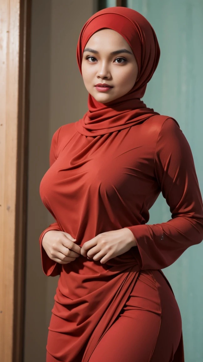 A woman with ((red hijab)), Realistic, Photorealistic, 8K, Masterpiece, Best Quality, High Definition, Live Action, RAW Photo, Single Woman,Sexy, red baju kurung, ((no hair exposed)), from head to hip, both hands on hip