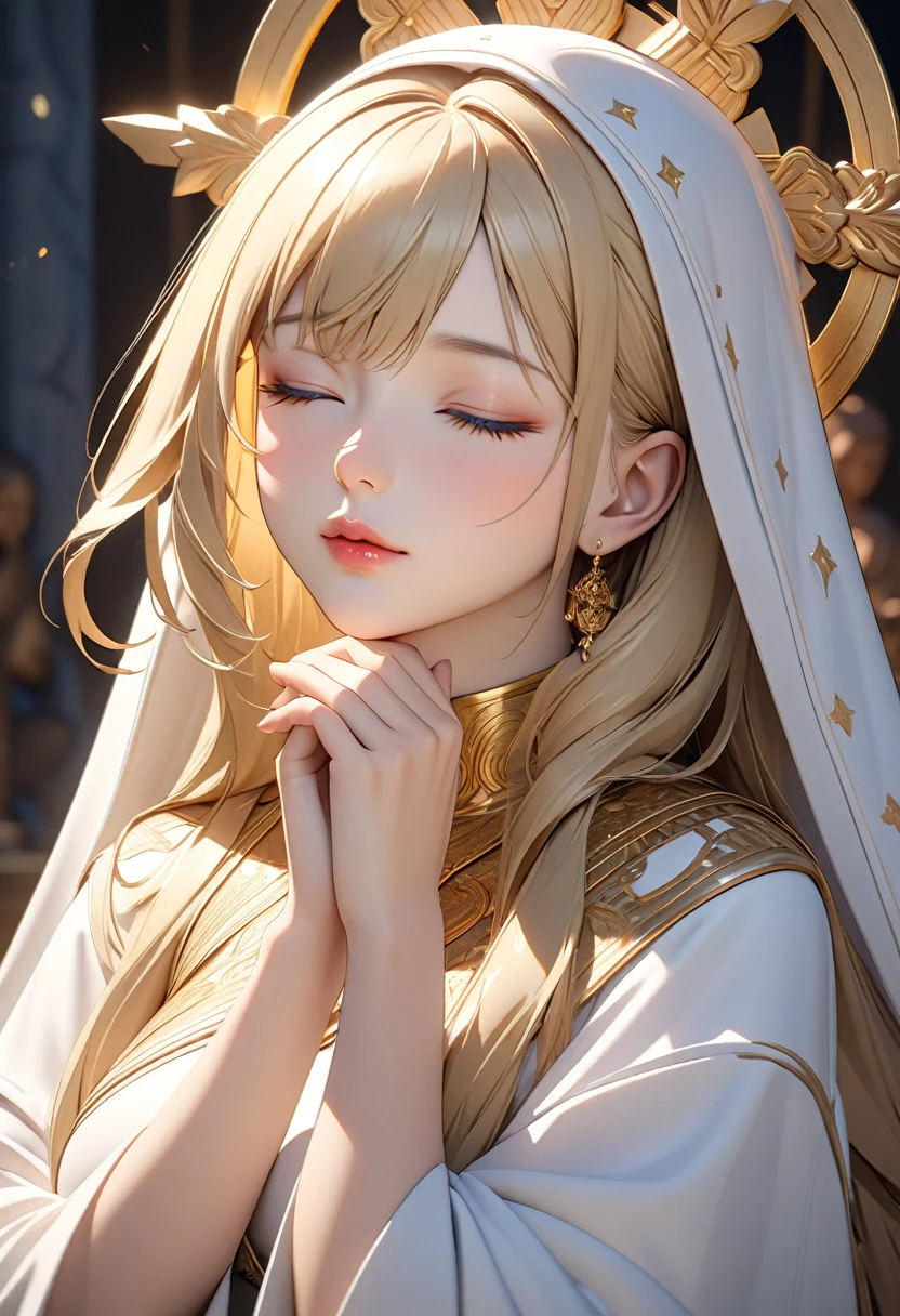 Ultra-high resolution 3D CG portraits,Painting a portrait of a beautiful sister,The sister is 22 years old and has a very beautiful figure.Blonde Straight Her long hair shines brightly, her beautiful blue eyes and her beautiful nose and lips.Her breasts are a little big and beautiful,She wears a beautiful white monk's robe.Beautifully embroidered in gold,
break,(She sits on her knees:1.2),I pray with my hands clasped in front of my face and my (eyes closed:1.5) in front of the statue of Christ.A beautiful light shines above the sister's head.Side shot,(Ultra high quality, ultra high definition, masterpiece best quality, 4k, 8k:1.5). Ultra detail,Ultra-fine painting, physically based rendering,Religious and fantasy depictions,Professional photo resolution,