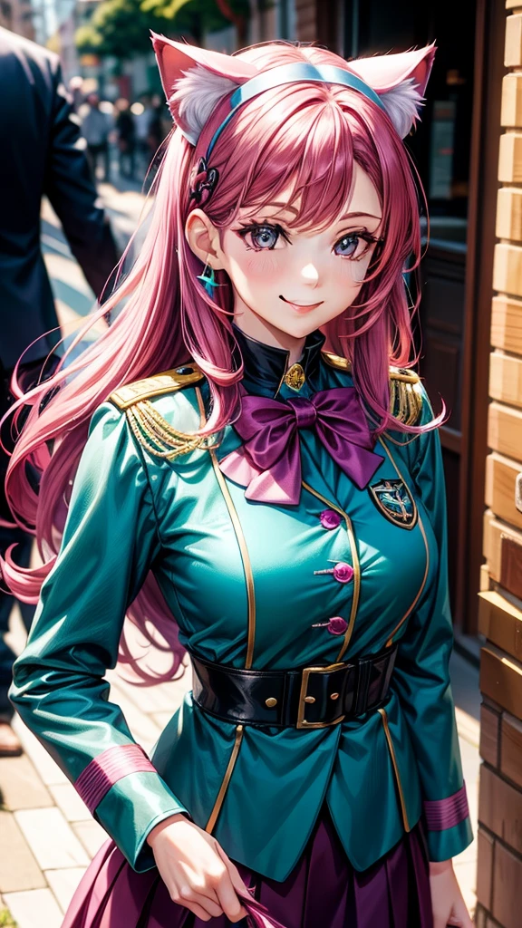 Magenta hair, hazel eyes, older woman, uniform clothes, hair jewel ornament, cat ears, long hair, smiling face, teal blue gold clothes