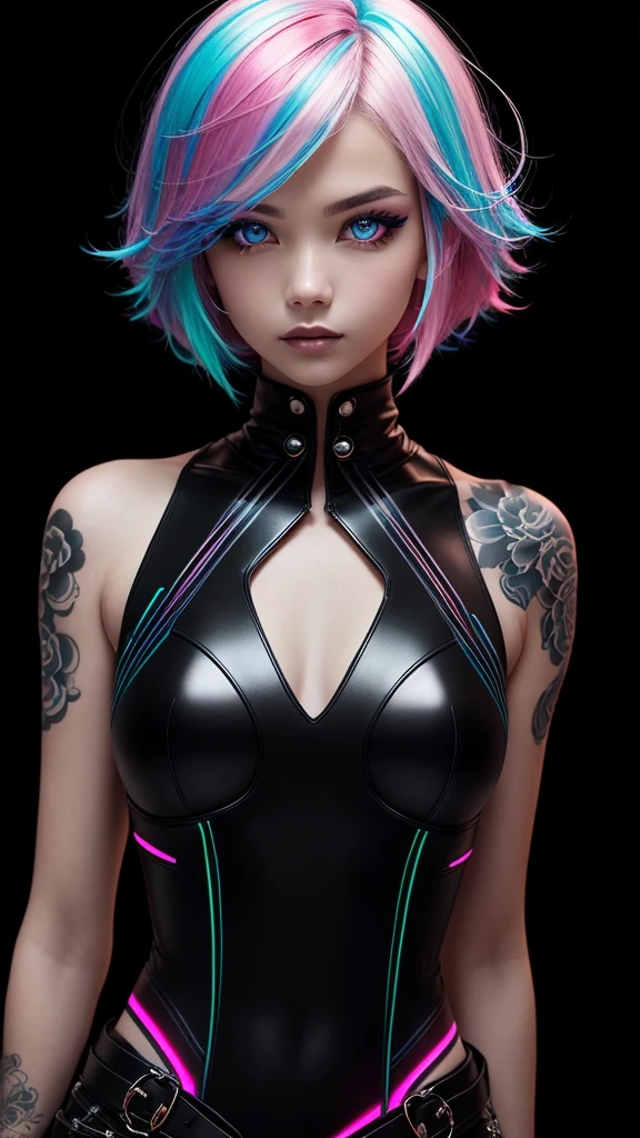 This pretty girl with bright, synthography-style eyes has short, vibrant hair, carefully styled in tons of pastel blue and pink. Her intense gaze is underscored by her multi-colored irises, which seem to illuminate the atmosphere. Her skin is smooth and translucent, with slight futuristic elements incorporated, like small glows on your face. Ela uses a soft makeup, with subtle neon touches that enhance your captivating expression. Her style is bold and avant-garde, with clothes that mix technological elements and a retro touch, like a metallic dress and holographic boots. An aura of creativity and curiosity surrounds, turning into an inspiring figure in the world of art and technology, (dark plain black background:1.4)), (master part), high quality, 1girl, Woman, tattoo, Irezumi, depth of field, dynamic lighting, high quality shadows, white hair