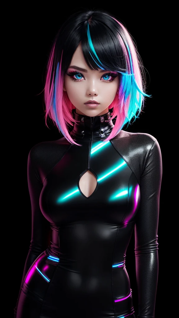 This pretty girl with bright, synthography-style eyes has short, vibrant hair, carefully styled in tons of pastel blue and pink. Her intense gaze is underscored by her multi-colored irises, which seem to illuminate the atmosphere. Her skin is smooth and translucent, with slight futuristic elements incorporated, like small glows on your face. Ela uses a soft makeup, with subtle neon touches that enhance your captivating expression. Her style is bold and avant-garde, with clothes that mix technological elements and a retro touch, like a metallic dress and holographic boots. An aura of creativity and curiosity surrounds, turning into an inspiring figure in the world of art and technology, (dark plain black background:1.4)), (master part), high quality, 1girl, Woman, tattoo, Irezumi, depth of field, dynamic lighting, high quality shadows, white hair