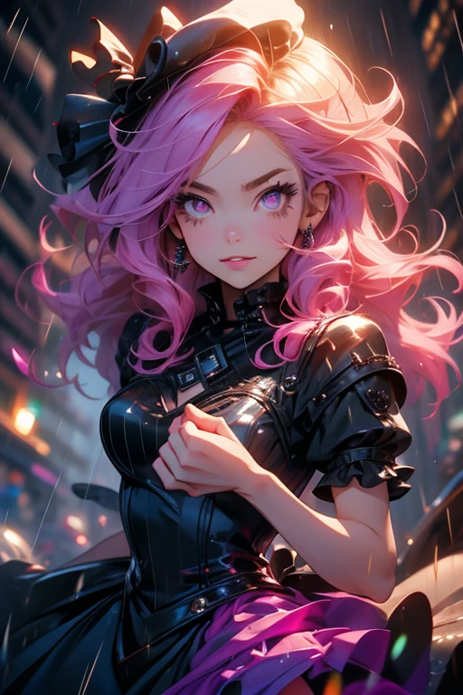 Perfect face. Perfect hands. A pink haired woman with violet eyes and an hourglass figure in a Gothic ballgown is running in the rain