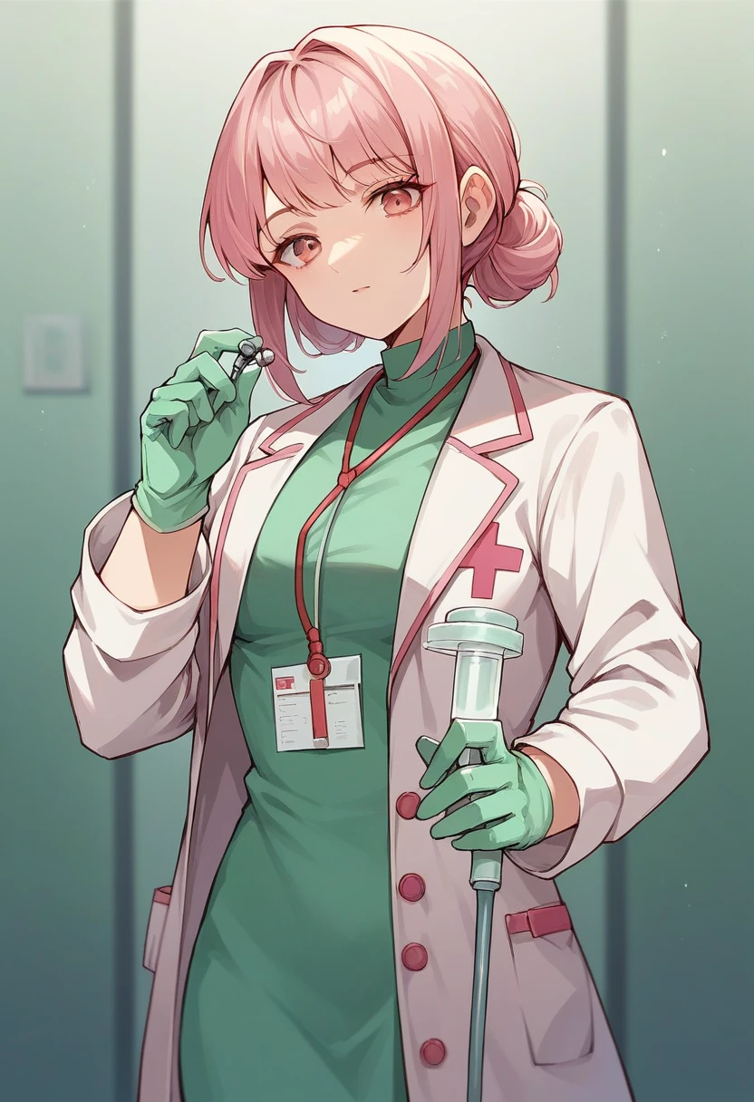 1girl, bangs, ((green medical gloves)), ((((long sleeves)))), looking at viewer, ((pink doctor outfit)), standing, solo