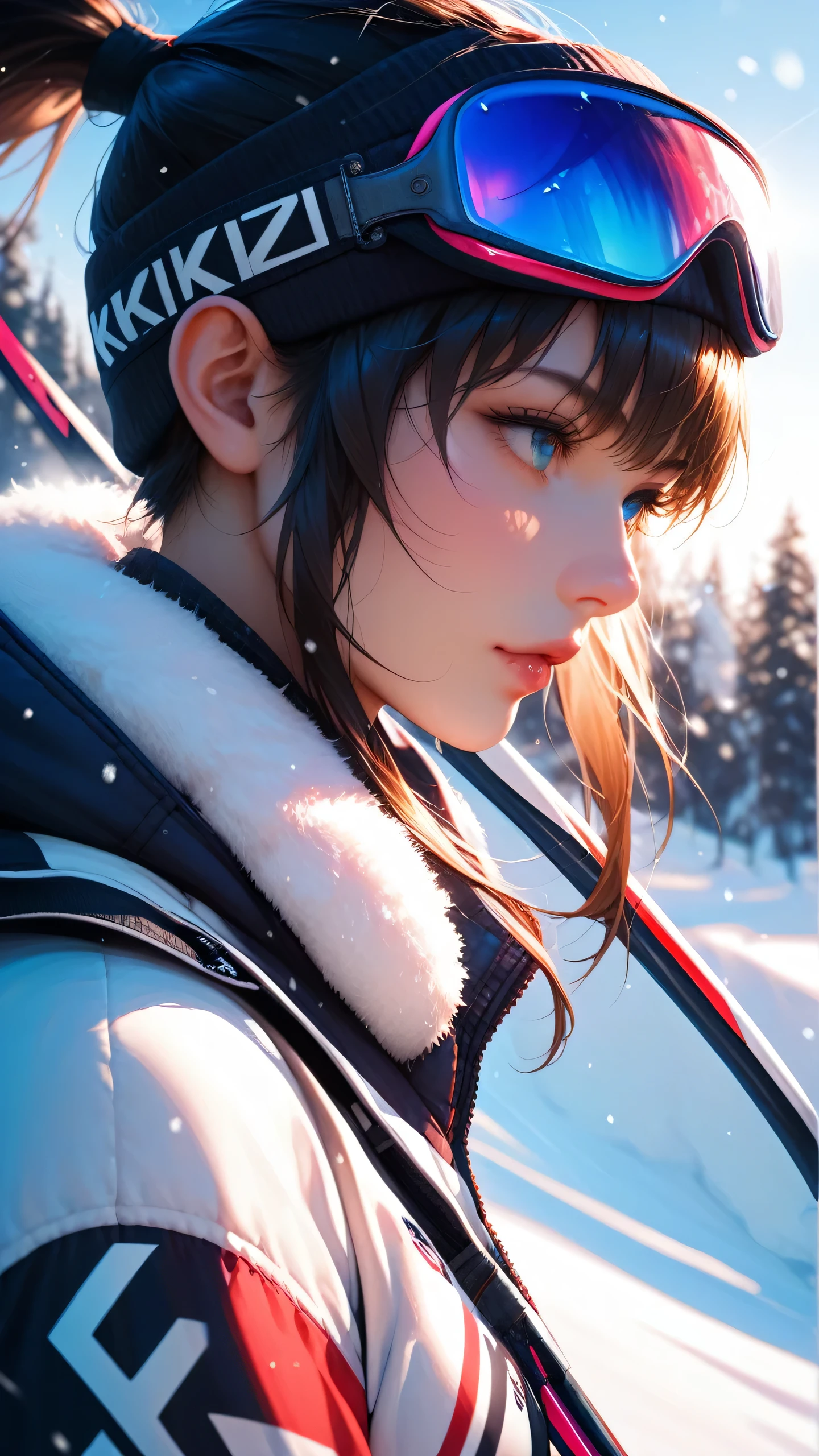 score_9, score_8_up, score_7_up, Girl's profile picture, black medium hair with bangs, high ponytail, winter clothes, skiing, skis, ski pole, ski goggles, ski gear, snowboarding, snow, realistic skin texture, detailed picture, half body, HD32k, dramatic shadows, vivid lighting, soft sunlight,