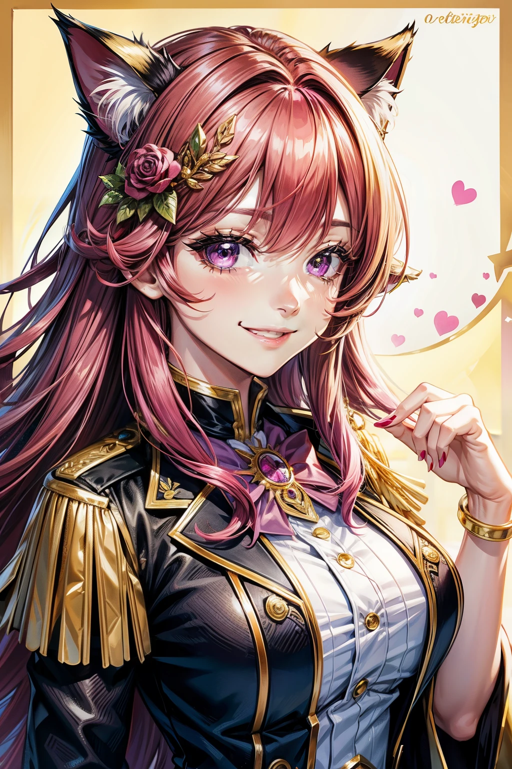 Magenta hair, hazel eyes, older woman, uniform clothes, hair jewel ornament, cat ears, long hair, smiling face, gold clothes