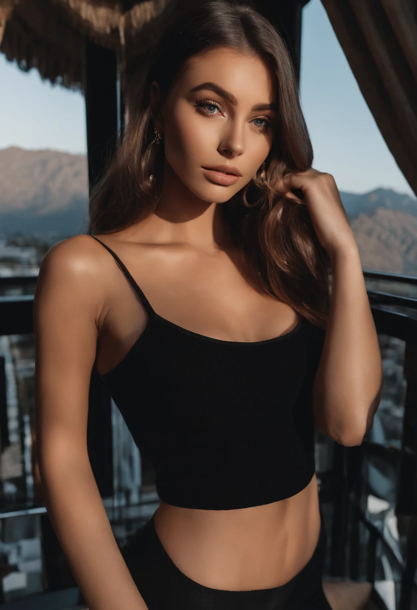Arafed woman with black clothes, fille sexy aux yeux bruns, Portrait Sophie Mudd, cheveux bruns et grands yeux, selfie of a young woman, Yeux de chambre, Violet Myers, sans maquillage, maquillage naturel, looking straight at camera, Visage avec Artgram, Maquillage subtil, Superbe photo du corps entier, on a balcony with mountains behind her, clivage, souriante, peau noire , grosse poitrine, ventre plat, grosse fesses