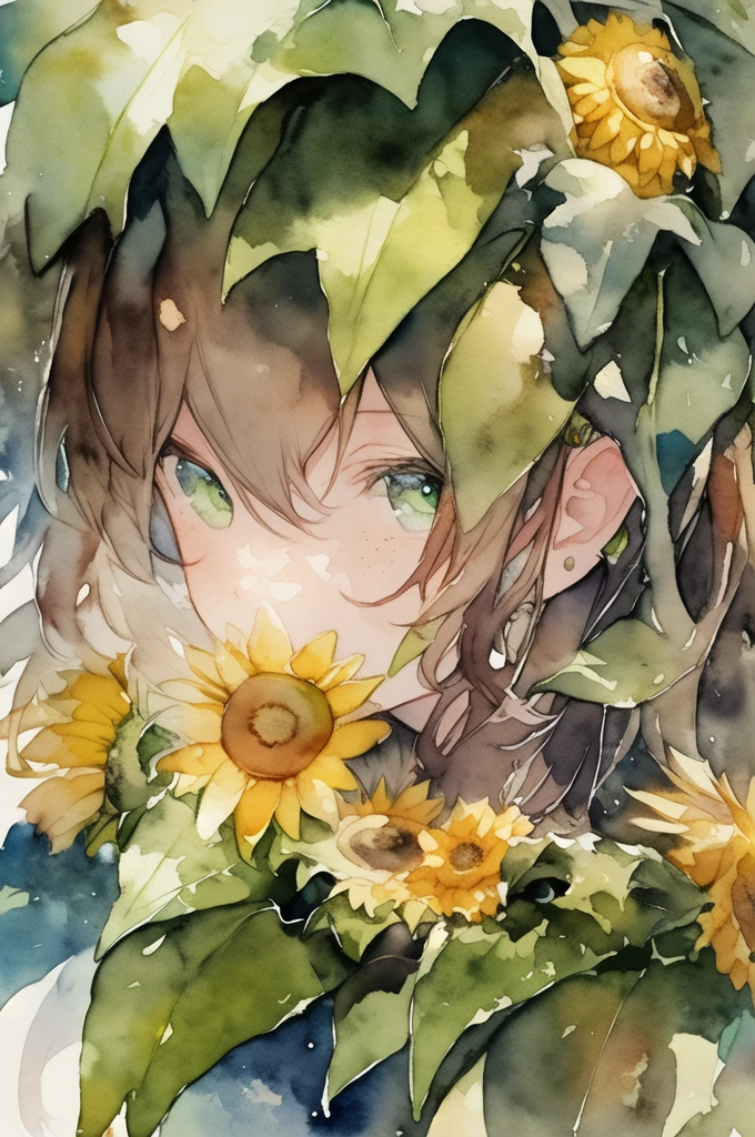 (watercolor:1.2),1girl, solo, flower, sunflower,freckles, portrait, leaf, bangs, signature, yellow flower, brown hair, long hair, green eyes, hair between eyes, flower earrings