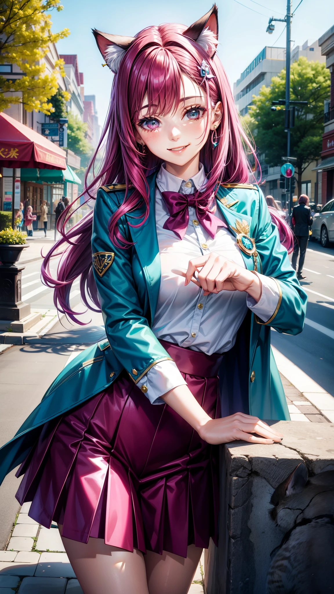 Magenta hair, hazel eyes, older woman, uniform clothes, hair jewel ornament, cat ears, long hair, smiling face, teal blue gold clothes