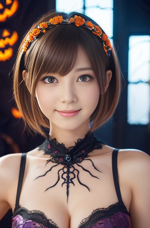 ((from below,upper body),a 25 year old girl, detailed cutie face, beautiful detailed eyes, detailed dropped eyes, beautiful charming smile, extremely detailed face,slender,short hair,anime style, halloween party:2.0), Hires.fix,colorful lights, pumpkin decorations, haunted house, best quality, 4k, highres, masterpiece, realistic, photorealistic, photo-realistic, vivid colors, intricate details, fantasy, soft lighting, magical