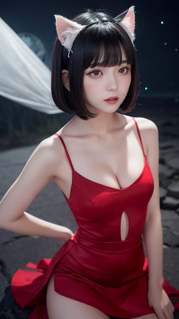 Delicate and dainty young woman with shiny bob-cut black hair and cat ears. She is wearing red only mini-skirt dress. The background is a fantastic and ethereal night sky that seems to be haunted by a specter. Her expression is stern and atmospheric. Angle from directly below, beautiful clavicle