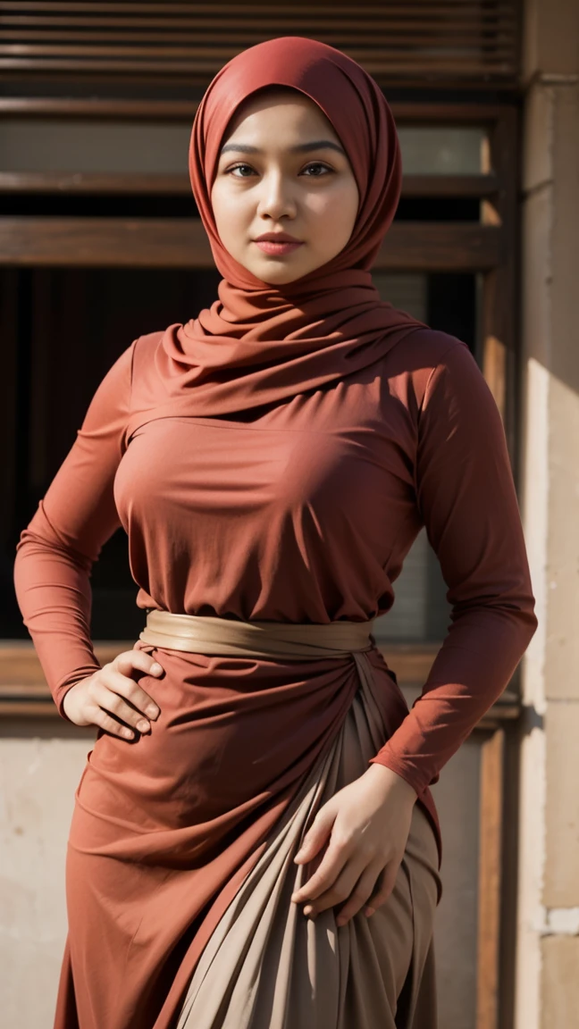 A woman with ((red hijab)), Realistic, Photorealistic, 8K, Masterpiece, Best Quality, High Definition, Live Action, RAW Photo, Single Woman,Sexy, red baju kurung, ((no hair exposed)), from head to hip, both hands on hip