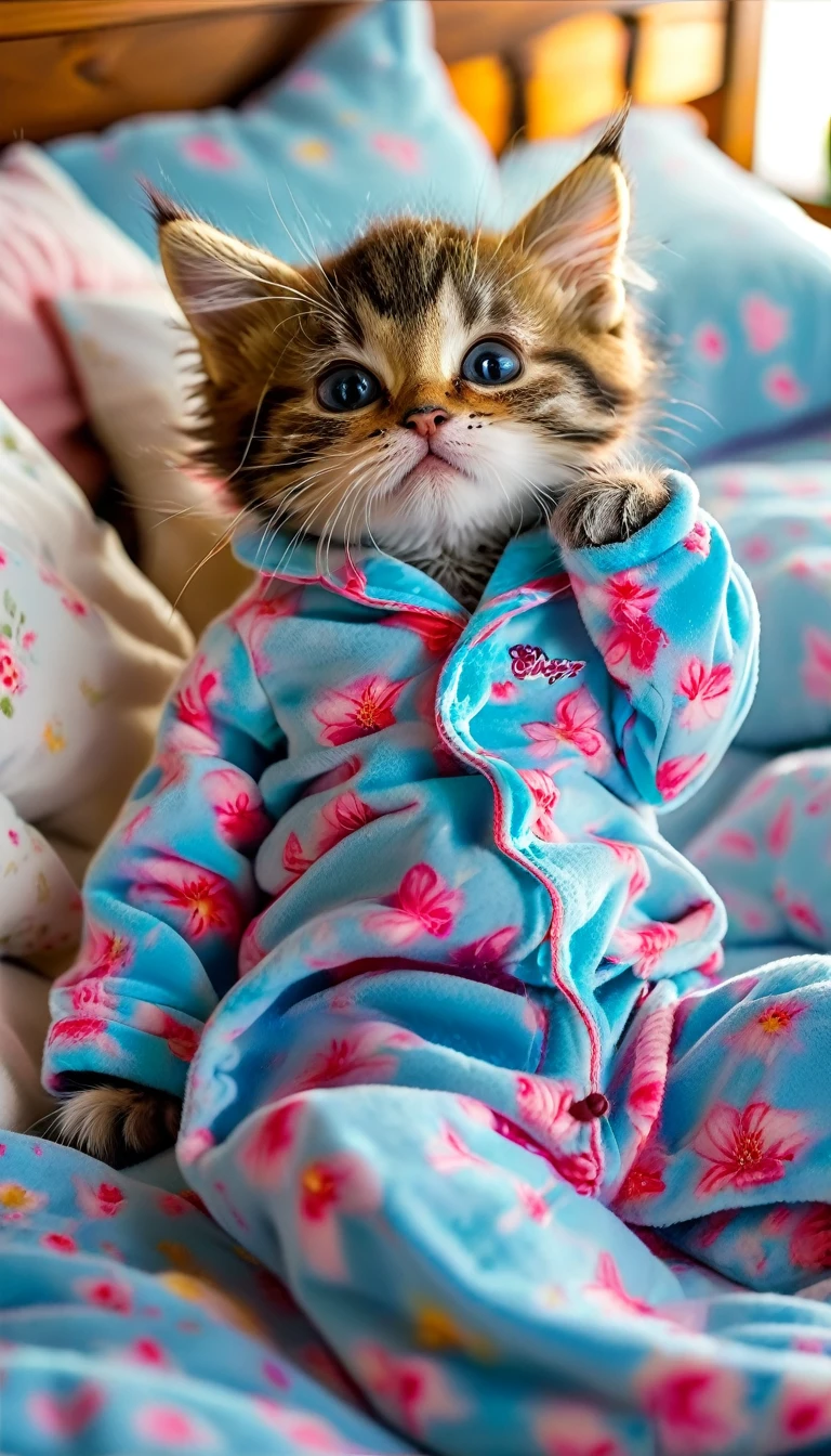 ((8k)), Highest quality, 超High resolution, (High resolution), For kittens２animal, Wearing pajamas, Lying in bed, Sleep on your back
