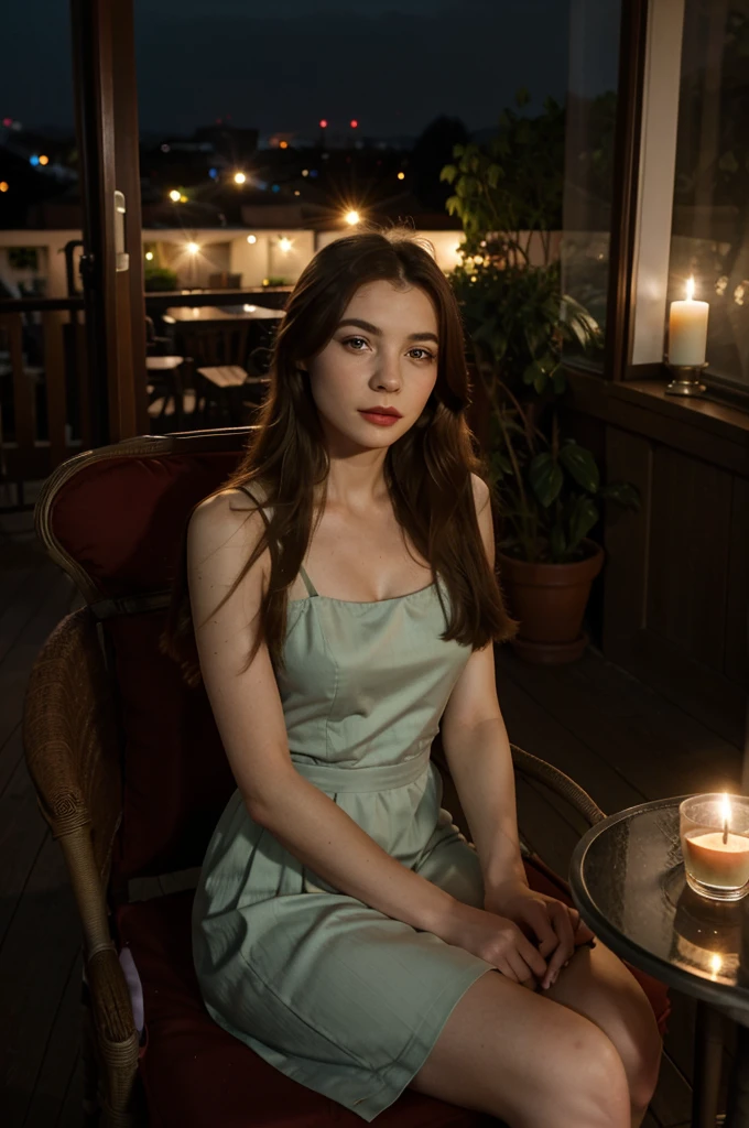 Sofia Lillis, thin woman, long straight hair, Photo quality, Eyeshadow and lipstick, german dress, sitting in a chair on a candlelit veranda with a view