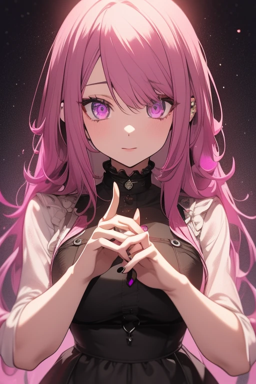 Perfect face. Perfect hands. A pink haired woman with violet eyes and an hourglass figure in a Gothic ballgown is running in the rain