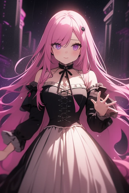 Perfect face. Perfect hands. A pink haired woman with violet eyes and an hourglass figure in a Gothic ballgown is running in the rain