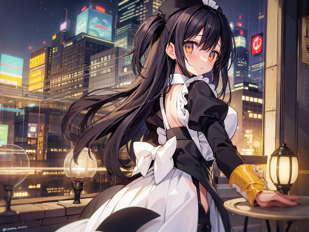 masterpiece, best quality,absurdres,(1 lady:1.3),(look back:1.2),(black hair:1.3),one side up,(golden eyes:1.1),swept bangs,BREAK,(apron:1.3),(black garter belt:1.2),(night view cafe terrace:1.1),embarrassed expression,(wet skin)