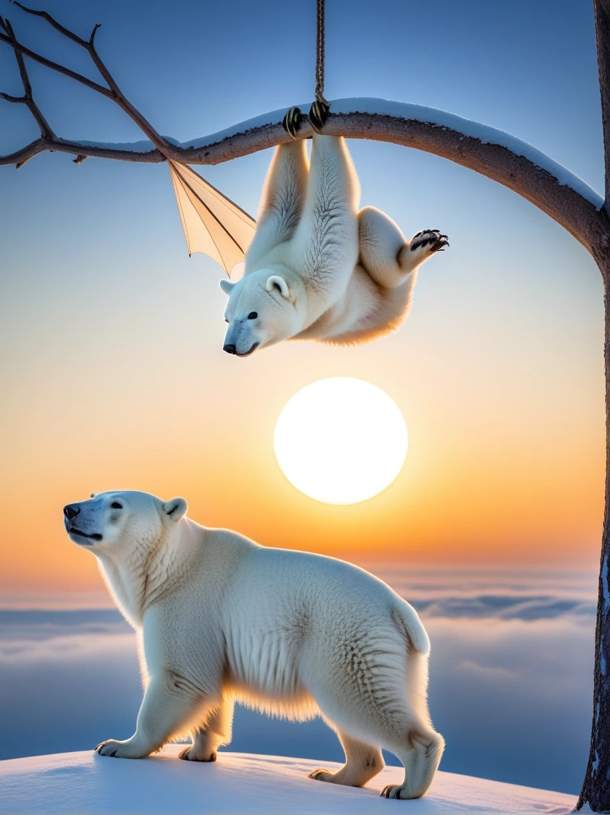 ((best quality)), a hybrid bat and a polar bear hanging upside down on a branch getting ready to sleep against the background of the rising sun, hyperrealism