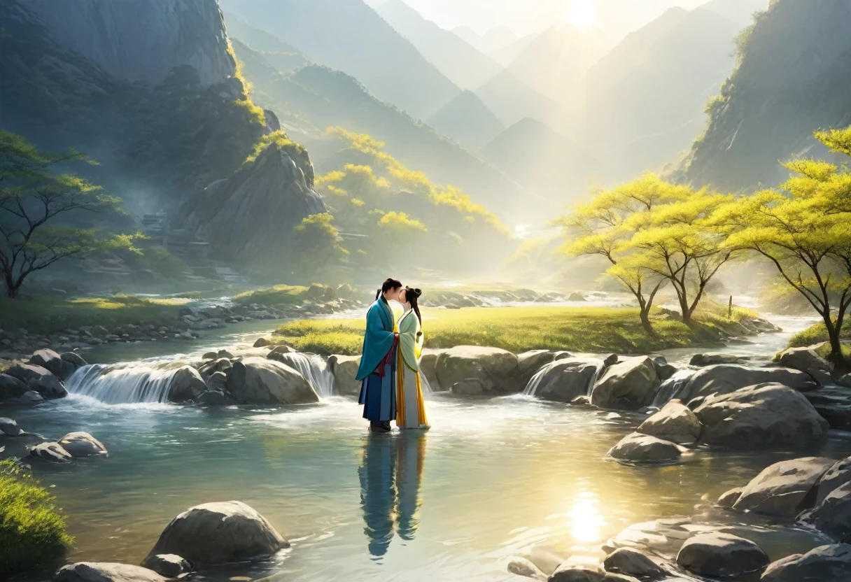 ancient china, spring morning with light sun light, in the foot of a mountain there is a stream, a man and a woman wearing hanfu standing next to the stream kiss each other