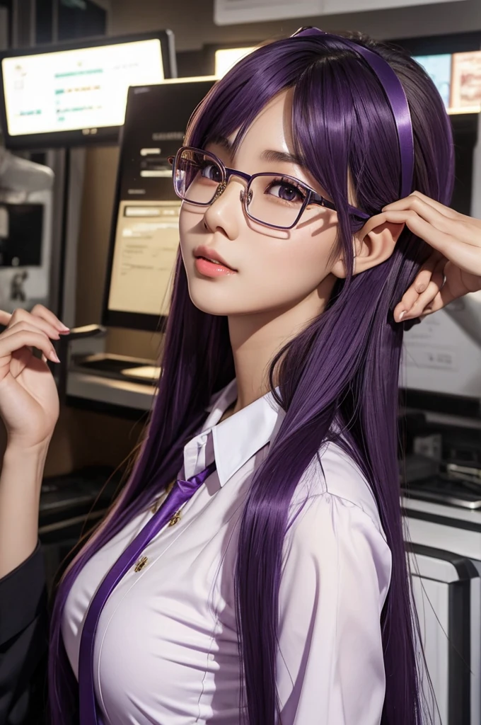 arafed image of a woman with purple hair and glasses, masterpiece, best quality,8k,long hair, ponytail,purple hair, Big breast, white dress,Additional black blazer,Sit on your knees, Background on the terrace
