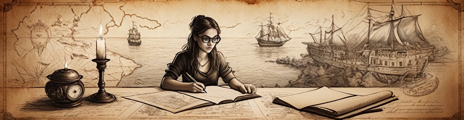 Portrait of a beautiful modern girl with glasses at the table, writing text on a sheet of parchment, porcelain cup of hot black coffee and a candlestick with lit candles next to parchment, beautiful graceful hands with beautiful fingers, tired, thoughtful look; Drawn on paper，sketch，old parchment，pencil sketch，Stereoscopic light and shadow，Against the backdrop of a fantasy world, image of a girl to the bottom right of the center of the picture at the edge,
(Detailed map of Treasure Island on ancient parchment, Rose of Wind, compass), documentation,Rich and delicate touches，