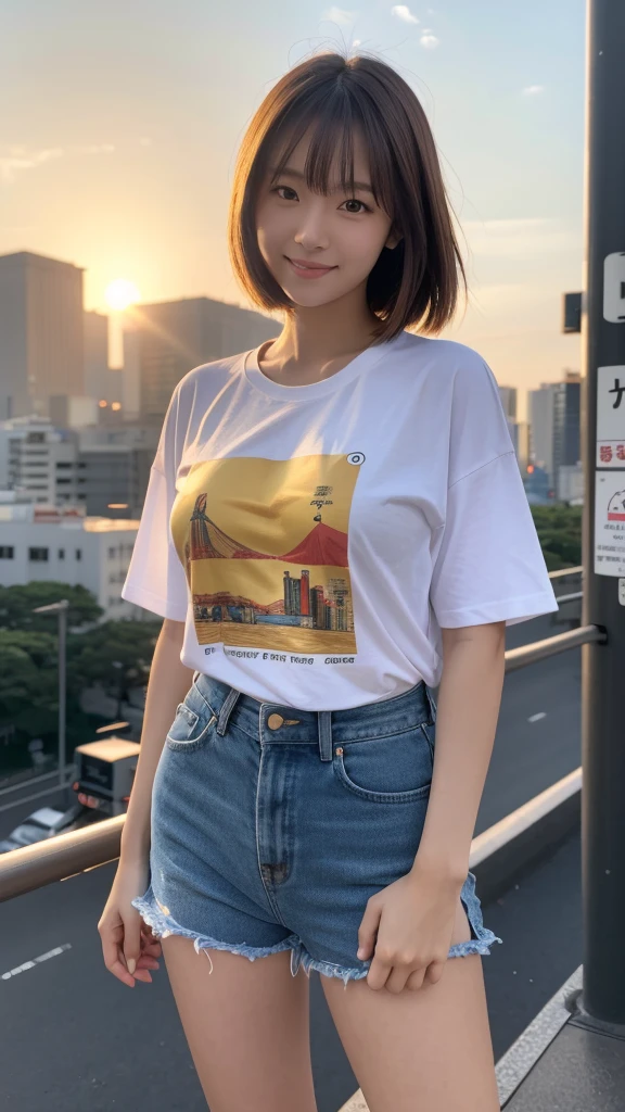 (masterpiece), (best quality), (ultra detailed), (high res 8K), Japanese woman, 20 years old, standing, posing, contrappost, full body, from front, t-shirt, shorts, medium hair, brown hair, smile, looking at viewer, cityscape in Tokyo, golden hour, natural lighting, slender, medium breasts, stunning face, detailed eyes and face, detailed body, detailed skin